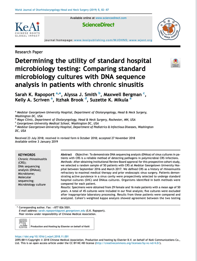 Determining the utility of standard hospital microbiology testing - Comparing standard microbiology cultures with DNA sequence analysis in patients with chronic sinusitispreview image