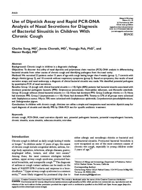 Use of Dipstick Assay and Rapid PCR-DNA Analysis of Nasal Secretions for Diagnosis of Bacterial Sinusitis with children with chronic coughpreview image