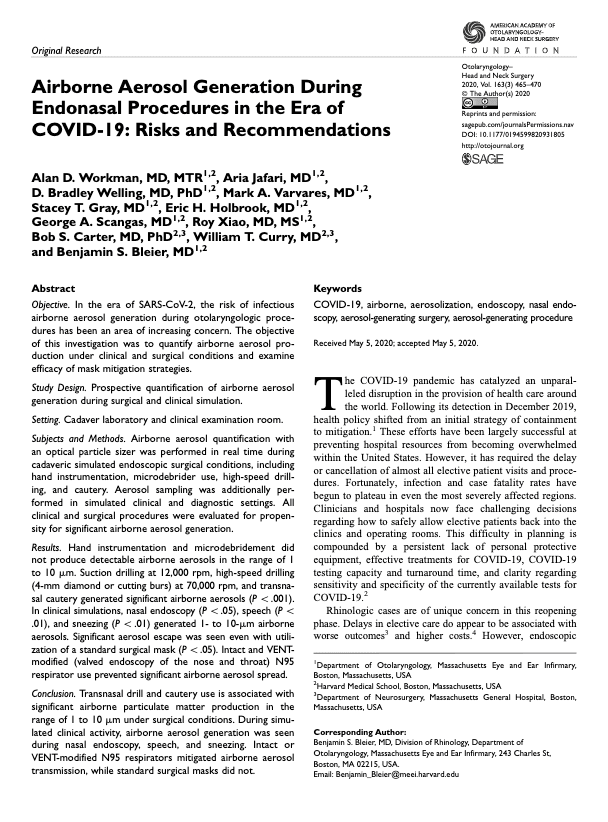 Aerosol generation with common rhinologic devices - cadaveric study conducted in a surgical suitepreview image