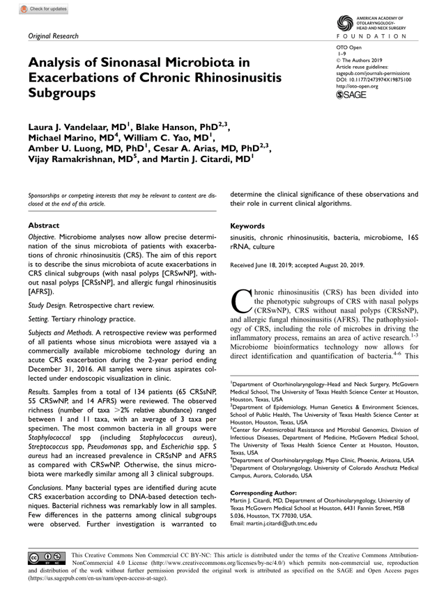 Analysis of Sinonasal Microbiota in Exarcebations of Chronic Rhinosinusitis Subgroupspreview image